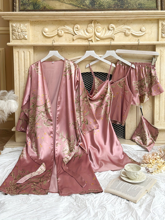 Autumn Winter Women's Printed Pajamas - Thin Sleepwear Set with Suspender Shorts & Skirt, Little Cherry Design